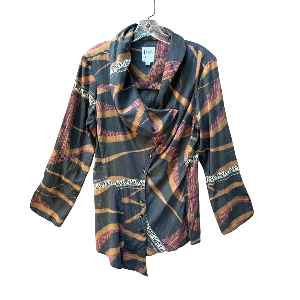 Finley Asymmetrical Vivienne Wilderness Print Cowl Neck Blouse Large Boho Tribal